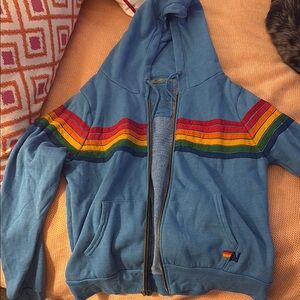Aviator Nation Blue Hoodie with Rainbow Stripes